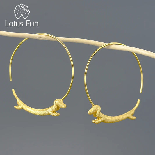 18K Gold Flying Dachshund Hoop Earrings