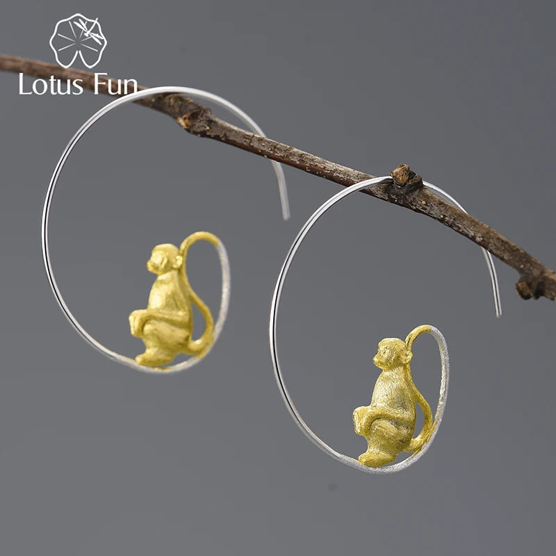 18K Gold Long-Tailed Monkey Hoop Earrings