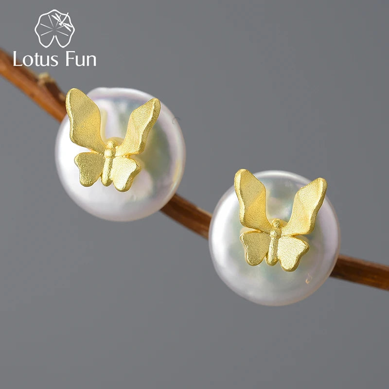 18K Gold Butterfly Baroque Pearl Studs