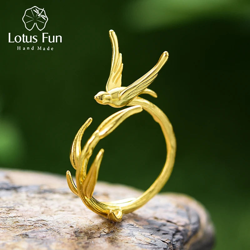 18K Gold Swallow Willow Branch Unusual Asymmetrical Rings for Women Real 925 Sterling Silver Original Fine Jewelry